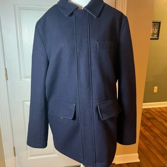 Lands End Mens Size M (38/40) Navy Pea Coat Wool Cashmere Blend